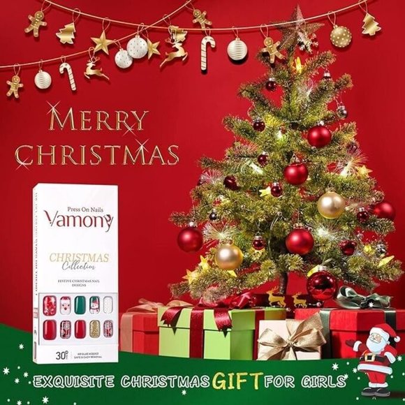 Vamony 30Pc Christmas Press on Nails Short Glossy Square Cute Red Xmas Fake Nail - Picture 4 of 9